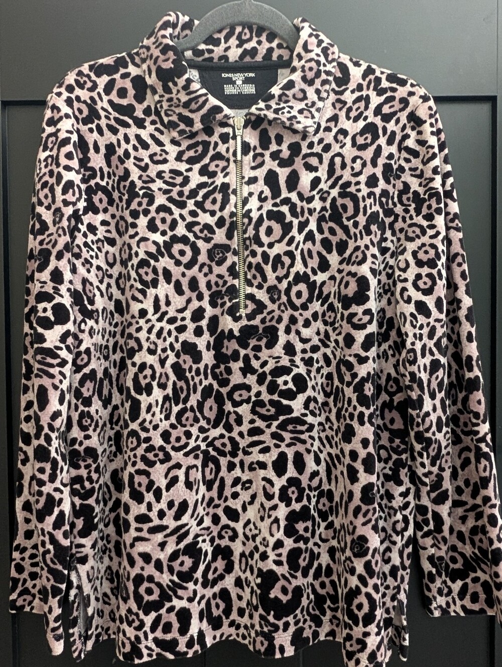 Jones New York Sport Leopard Print 1/4 Zip Velour Tunic Pullover Size Large